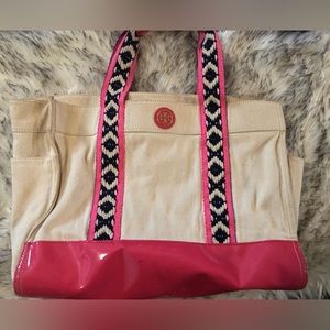 Tory Burch canvas tote with neon pink trim